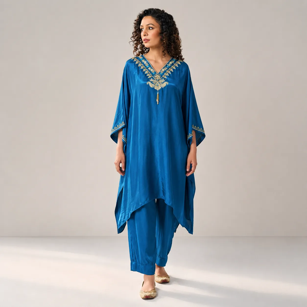 Teal Blue Embroidered Kaftan Set with Relaxed Pants
